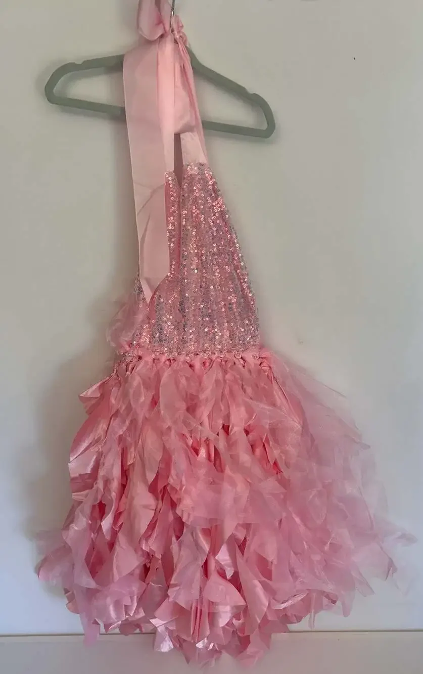 Girls Pink Sequin Halter Ruffle Tutu Dance Costume